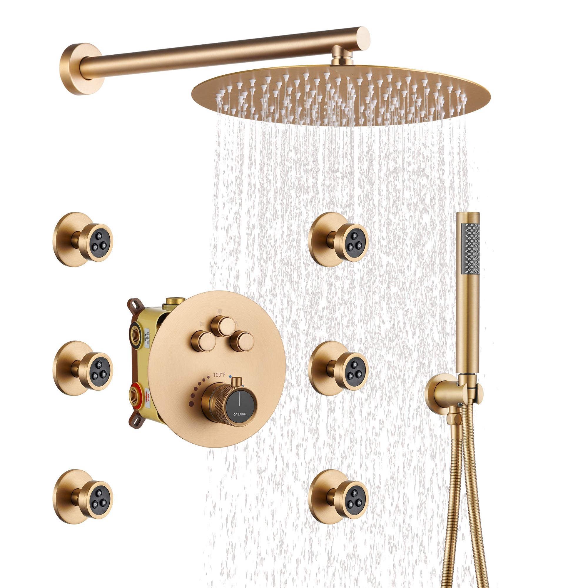 3-Function Luxury Shower System with Handheld Shower Thermostatic Shower Faucet with Body Jets Wall-Mounted Rain Shower Head, Brushed Gold