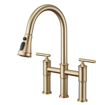 Bridge Kitchen Faucet with Pull Down Sprayer Bridge Faucet for Kitchen Sink 3 Holes Double Handle Kitchen Faucet Brass Vintage Kitchen Faucets, Brushed Gold
