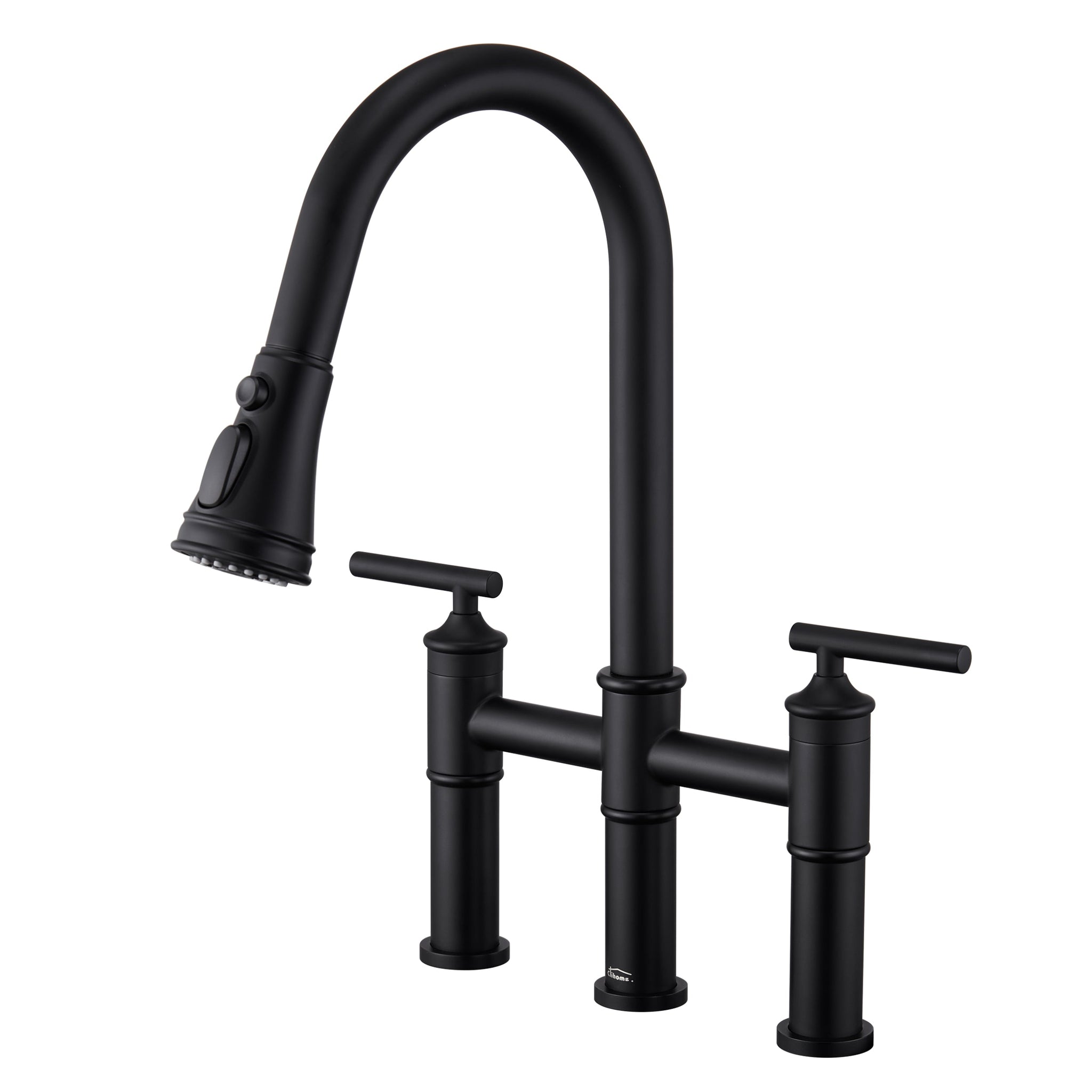 Bridge Kitchen Faucet with Pull Down Sprayer Bridge Faucet for Kitchen Sink 3 Holes Double Handle Kitchen Faucet Brass Vintage Kitchen Faucets, Matte Black