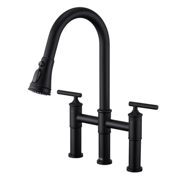 Bridge Kitchen Faucet with Pull Down Sprayer Bridge Faucet for Kitchen Sink 3 Holes Double Handle Kitchen Faucet Brass Vintage Kitchen Faucets, Matte Black