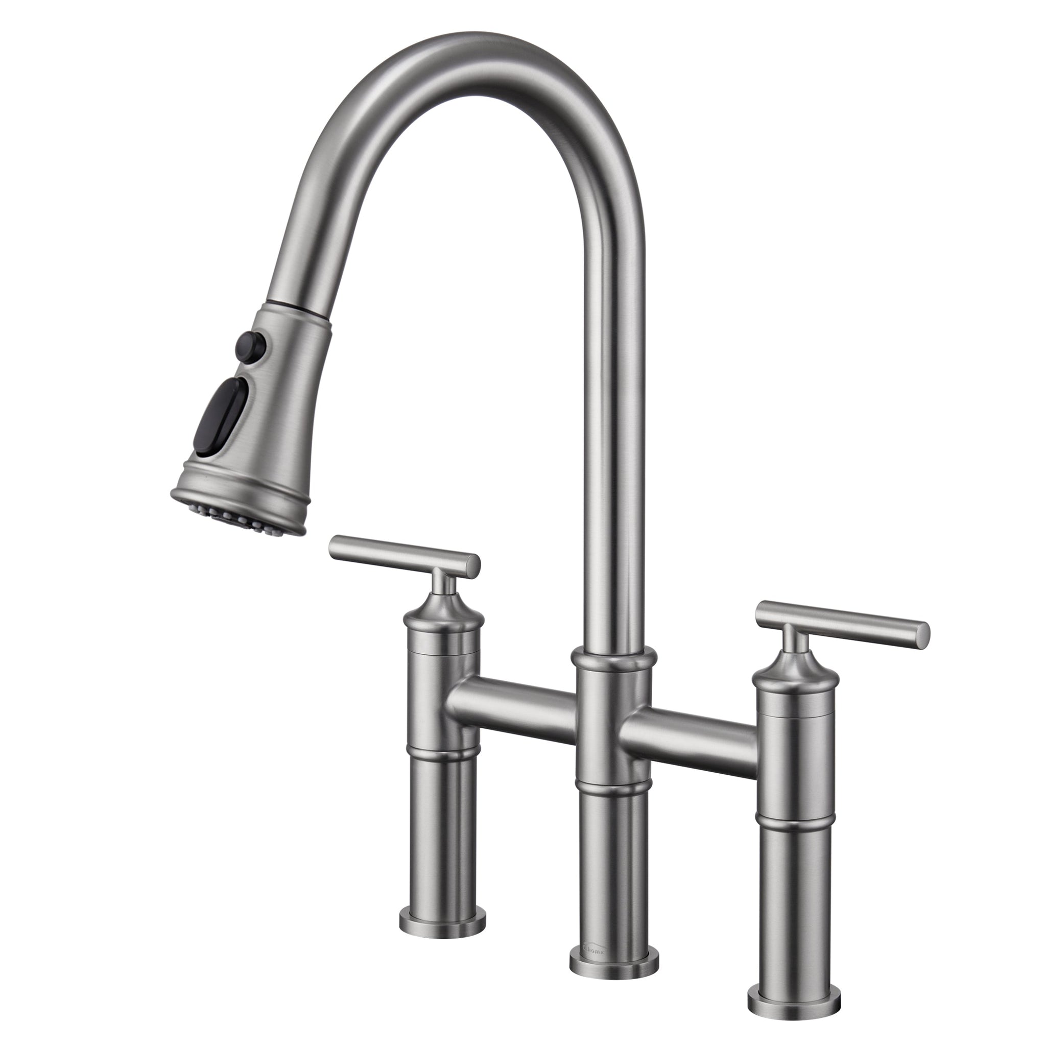 Bridge Kitchen Faucet with Pull Down Sprayer Bridge Faucet for Kitchen Sink 3 Holes Double Handle Kitchen Faucet Brass Vintage Kitchen Faucets, Brushed Nickel