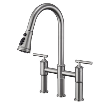 Bridge Kitchen Faucet with Pull Down Sprayer Bridge Faucet for Kitchen Sink 3 Holes Double Handle Kitchen Faucet Brass Vintage Kitchen Faucets, Brushed Nickel