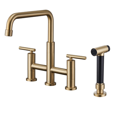 Bridge Kitchen Faucet with Side Sprayer Brushed Gold Kitchen Faucet 8 Inch 4 Hole Double Handle Vintage Faucet Widespread Stainless Steel Sink Faucet