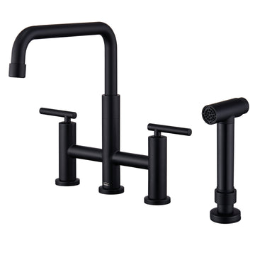 Bridge Kitchen Faucet with Side Sprayer Matte Black Kitchen Faucet 8 Inch 4 Hole Double Handle Vintage Faucet Widespread Stainless Steel Sink Faucet