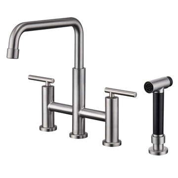 Bridge Kitchen Faucet with Side Sprayer Brushed Nickel Kitchen Faucet 8 Inch 4 Hole Double Handle Vintage Faucet Widespread Stainless Steel Sink Faucet
