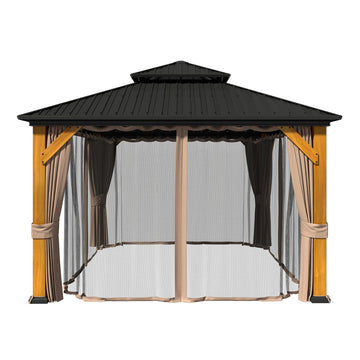12x12 FT Heavy-Duty Aluminum Hardtop Gazebo with Galvanized Steel Roof, Weather-Resistant Cedar Wood Outdoor Pavilion for Patio, Backyard
