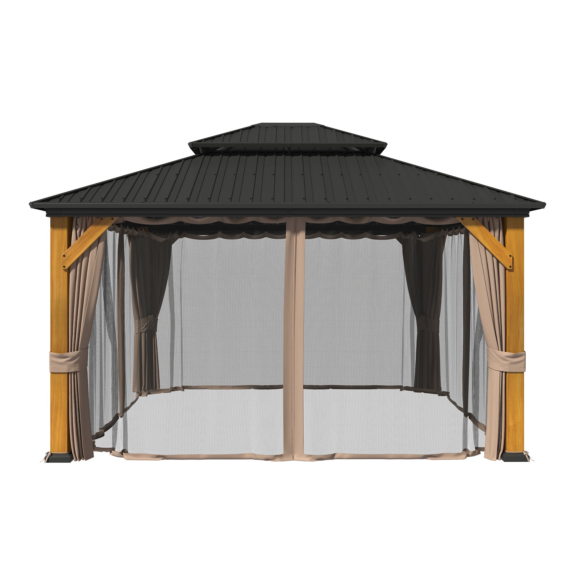12x14 FT Heavy-Duty Aluminum Hardtop Gazebo with Galvanized Steel Roof, Commercial-Grade Cedar Wood Outdoor Pavilion for Patio, Weddings