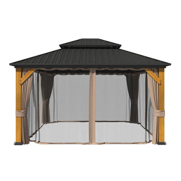 12x14 FT Heavy-Duty Aluminum Hardtop Gazebo with Galvanized Steel Roof, Commercial-Grade Cedar Wood Outdoor Pavilion for Patio, Weddings