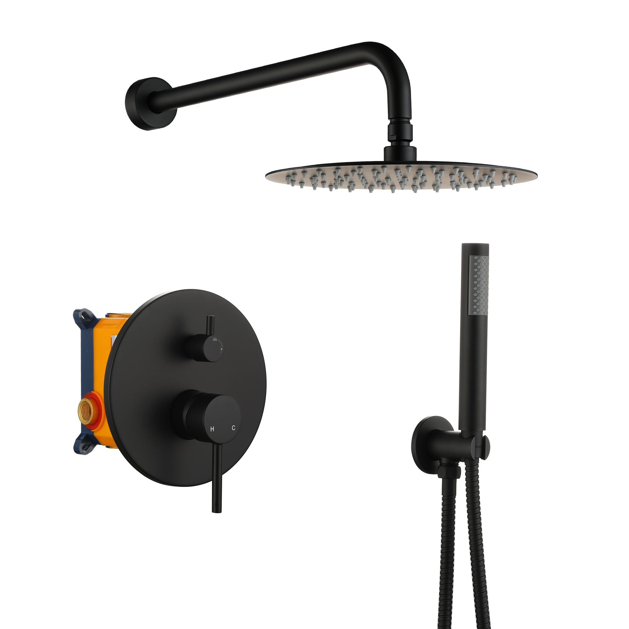 1-Spray 10 in. Round Wall Mount Fixed and Handheld Shower Head 1.8 GPM with Pressure Balance Valve in Matte Black