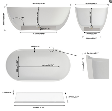 59 Inch Matte White Solid Surface Freestanding Soaking Bathtub With Acrylic Shelf