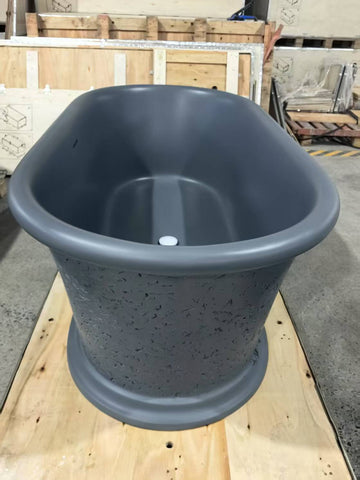 61 Inch Oval Matte Cement-Speckled Engineered Stone Freestanding Bathtub Soaking Tub Classical Style