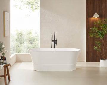 59 Inch Oval Matte White Solid Surface Freestanding Bathtub Soaking Tub Classical Style