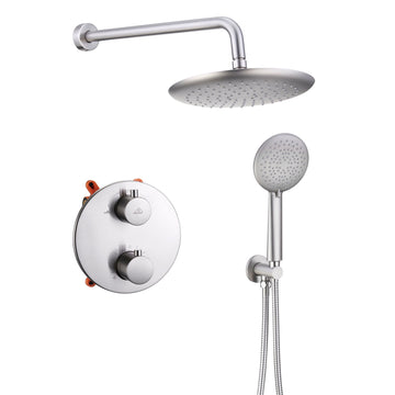 9.5 Inch Wall Mount Dual Shower Heads Shower System with Handheld Sprayer 5-Spray Patterns Shower with Thermostatic Valve in Brushed Nickel
