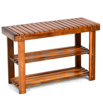 Teak 18 in. H 3-Tier 8- Pair Wood Shoe Storage Bench