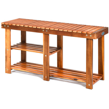 Teak 17.5 in. H 3-Tier 6- Pair Wood Shoe Storage Bench