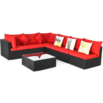 7-Piece Wicker Outdoor Sectional Patio Sofa Set with Tempered Glass Top and Red Cushions