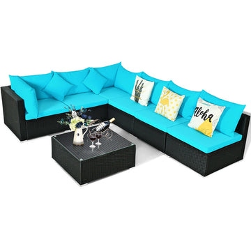 7-Piece Wicker Outdoor Sectional Patio Sofa Set with Tempered Glass Top and Blue Cushions