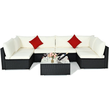 7-Piece Wicker Outdoor Sectional Patio Sofa Set with Tempered Glass Top and Beige Cushions