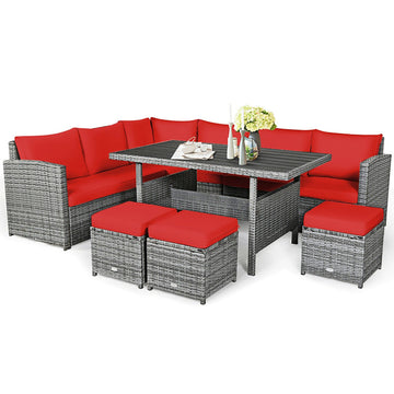 7-Pieces Wicker Outdoor Sectional Patio Sofa Set with Wicker Ottoman and Red Cushions
