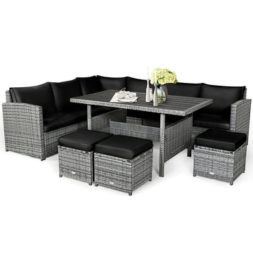 7-Pieces Wicker Outdoor Sectional Patio Sofa Set with Wicker Ottoman and Black Cushions