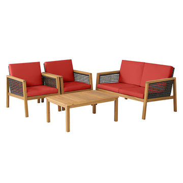 4 Pieces Wood Patio Conversation Set with Red Removable Cushions