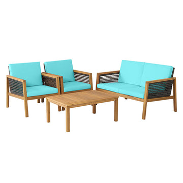 4 Pieces Wood Patio Conversation Set with Turquoise Removable Cushions