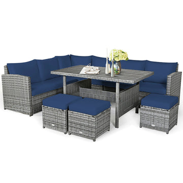7-Pieces Wicker Outdoor Sectional Patio Sofa Set with Wicker Ottoman and Navy Blue Cushions