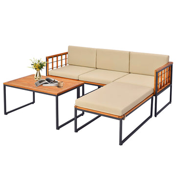 5 Piece Patio Furniture Set Acacia Wood Sectional with Beige Cushions Heavy-duty Metal Frame