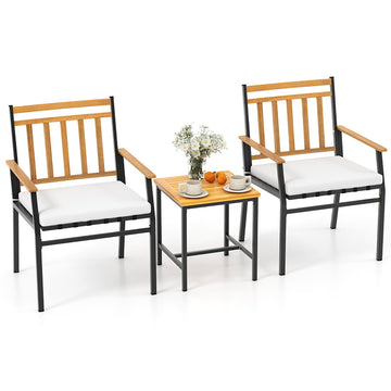 3 Piece Acacia Wood Outdoor Furniture Set Patio Conversation Set with White Cushions