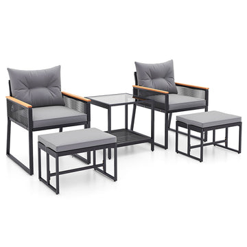 5-Piece Metal Outdoor Rattan Conversation Set with 2-Layer Side Table and 2-Ottomans-Gray