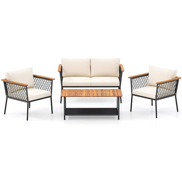 4 Piece Metal Patio Conversation Set White Cushions 2-Tier Coffee Table