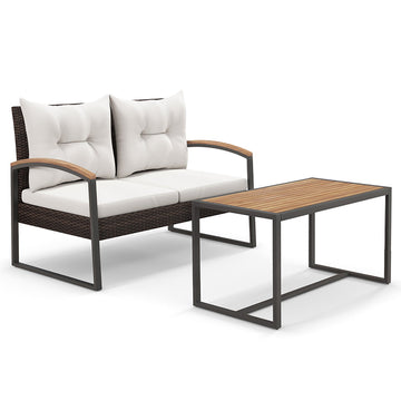 2 Pieces Patio PE Wicker Conversation Set with Acacia Wood Coffee Table-White