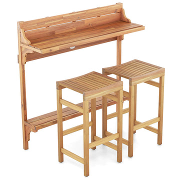 3-Piece Patio Acacia Wood Outdoor Serving Bar Set with Footrest Curved Wood Seat
