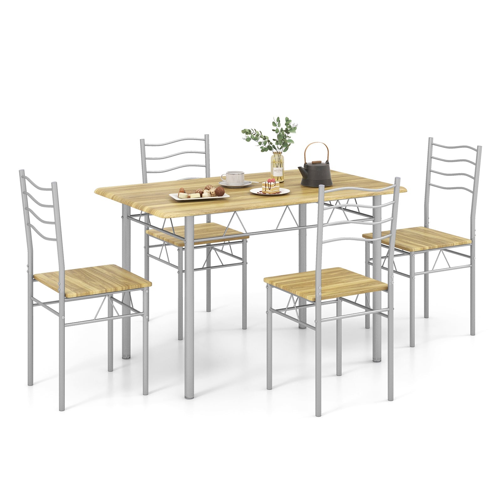 5 Pieces Walnut Brown Wood Metal Dining Table Set with 4 Chairs
