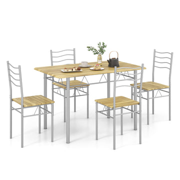 5 Pieces Walnut Brown Wood Metal Dining Table Set with 4 Chairs