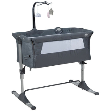 Dark Gray Height Adjustable Baby Side Crib with Music Box and Toy Rack