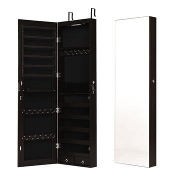 Wall and Door Mounted Mirrored Jewelry Cabinet with Lights in Black