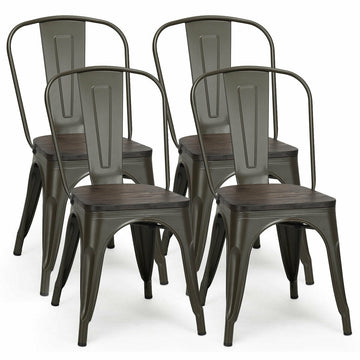 4 Piece Tolix Style Metal Dining Chairs with Stackable Solid Wood Seats