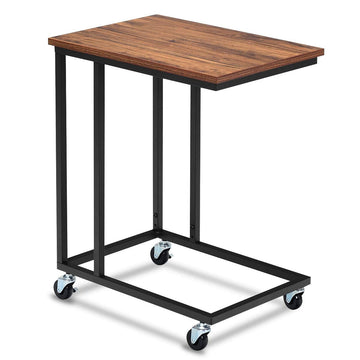 Brown Rectangle Rolling Side Table with Sturdy Laptop Holder and Lockable Casters