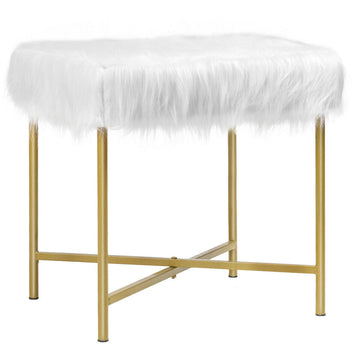 White Cozy Faux Fur Footrest Stool with Gold Metal Base