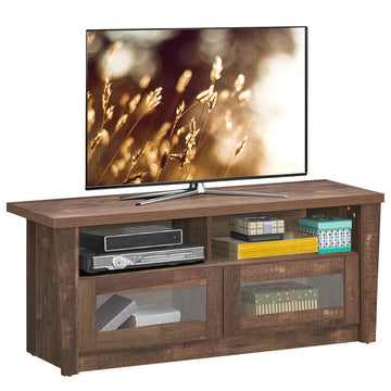 Wooden TV Stand with 2 Open Shelves and 2 Glass Door Cabinets for 55 Inch TVs