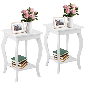 Set of 2 White NightStand Side Table End Table with Shelf and unique curved legs