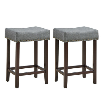 24 Inch 2 Piece Gray Nailhead Saddle Bar Stools with Fabric Seat and Wood Legs