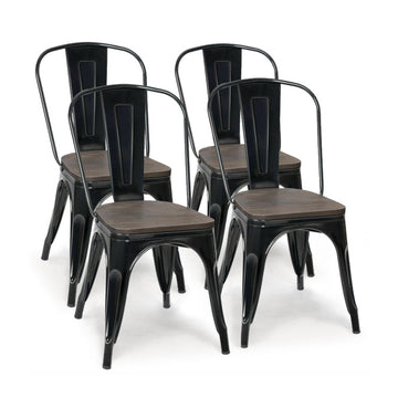 18 Inch 4 Pack Black Stackable Metal Dining Chairs with Elm Wood Seat