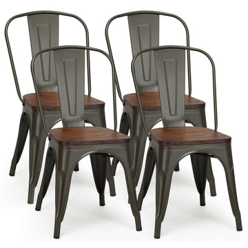 18 Inch 4 Pack Dark Green Stackable Metal Dining Chairs with Elm Wood Seat