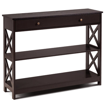 Dark Brown 3 Tier Console Table with Drawer and Storage Shelves