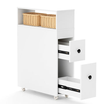 White Slim Bathroom Cabinet Wooden Toilet Organizer with Deep Slide Out Drawers