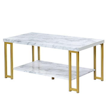 2 Tier Rectangular Modern Coffee Table with Gold Metal Frame