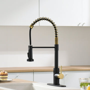 Black and Brushed Gold Single Handle Touchless Pull Down Sprayer Kitchen Faucet with Deckplate Included