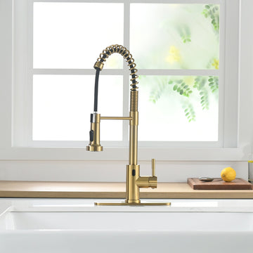 Brushed Gold 2 Spray Patterns Single Handle Touchless Pull Down Sprayer Kitchen Faucet with Deckplate Included